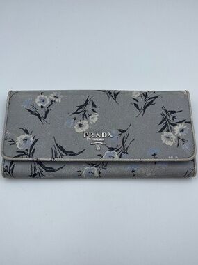 PRADA Saffiano Floral Print Metal logo long wallet card holder pale blue grey